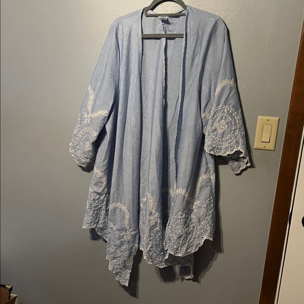 Source Unknown Light Blue Embroidered Kimono - image 1